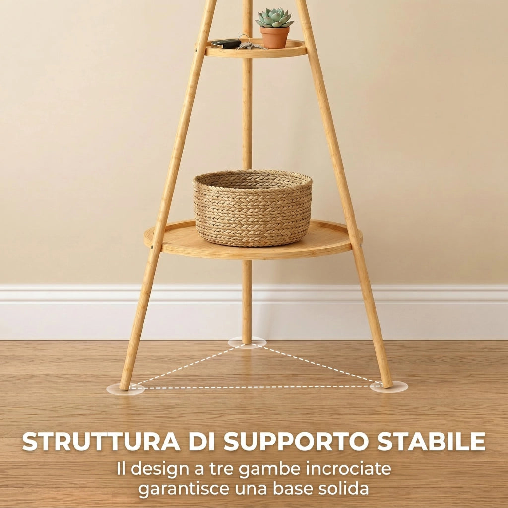 Appendiabiti 58,5x58,5x176 cm con 9 Ganci e 2 Ripiani in Bambù e MDF Naturale