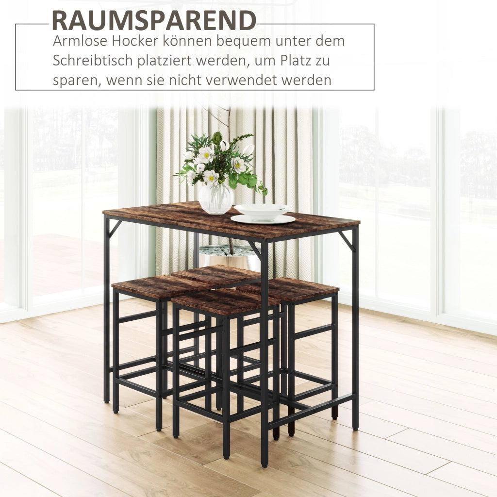 Set da bar, tavolo alto con 4 sgabelli, set da 5 pezzi per cucina, truciolato/acciaio, marrone rustico/nero, 100x60x88 cm