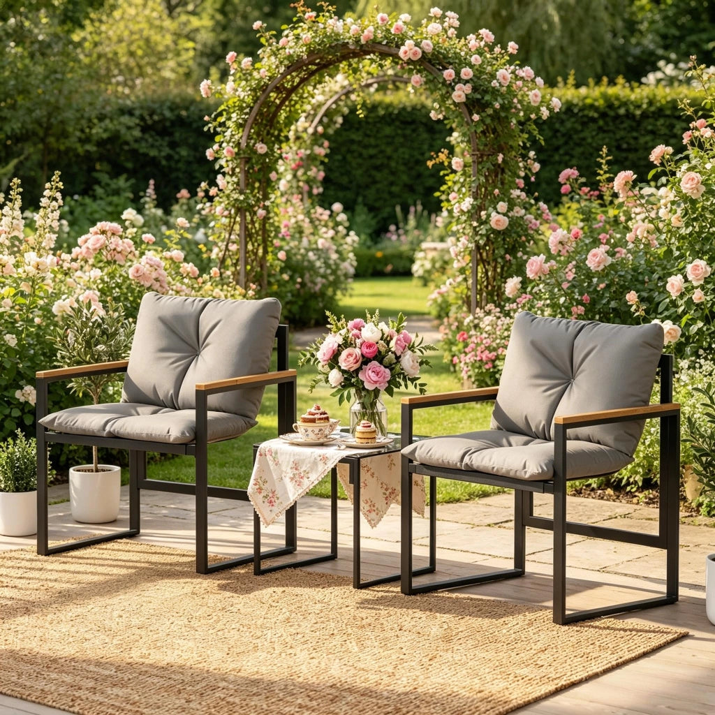 Set da giardino 2 posti con cuscini e tavolino in metallo nero e grigio