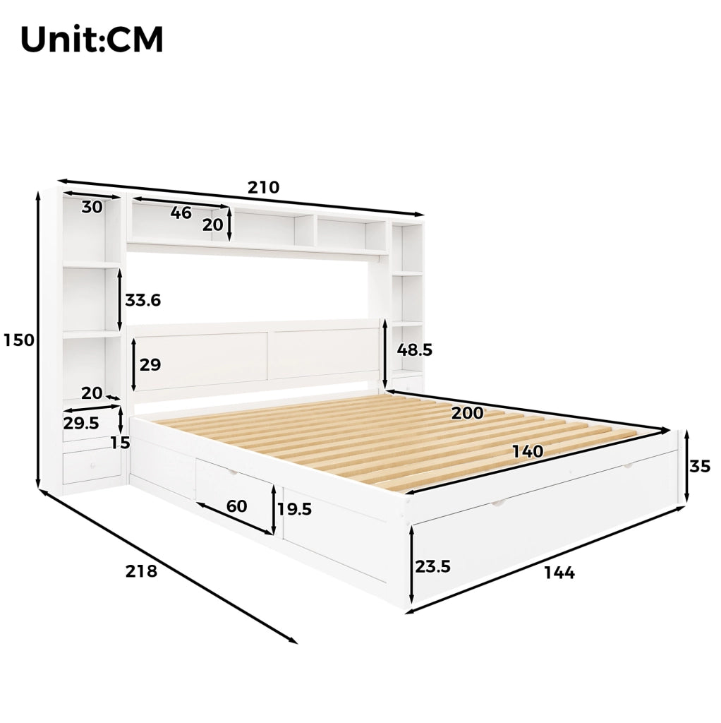 Letto Matrimoniale con 7 Cassetti e LED 140 x 200 cm - Bianco - Ideale per Camera da Letto - Senza Materasso