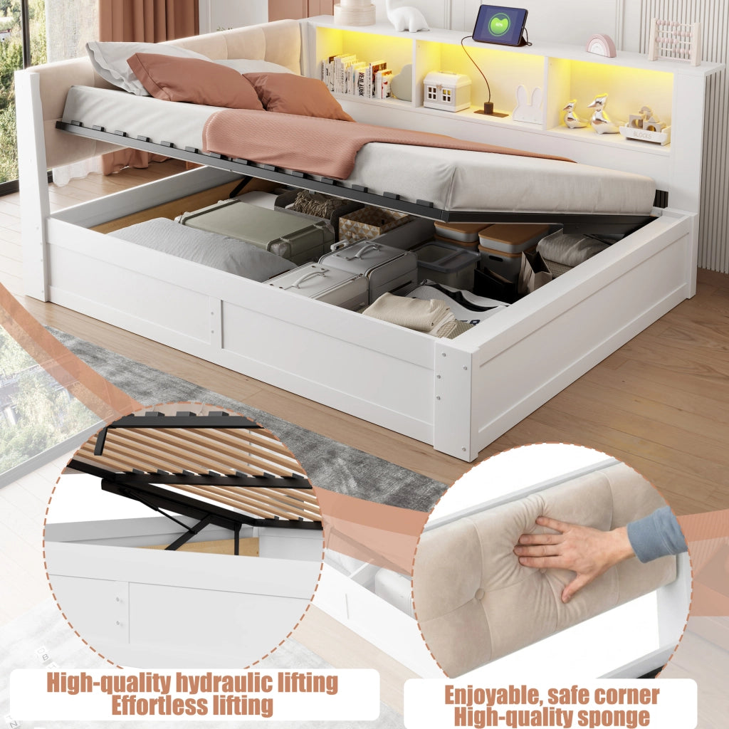 Letto da giorno 140 × 200 cm con contenitore idraulico in legno bianco LED USB e scaffale laterale