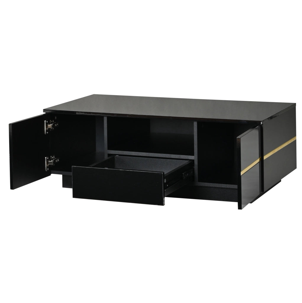 Tavolino da caffè moderno in MDF nero con LED, 100x50x35,5 cm, 2 ante, 1 cassetto, finiture dorate