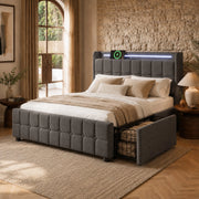 Letto matrimoniale imbottito 160x200 cm con testiera con ricarica USB e LED, 4 cassetti, contenitore, rete a doghe in legno - Grigio (Senza materasso)