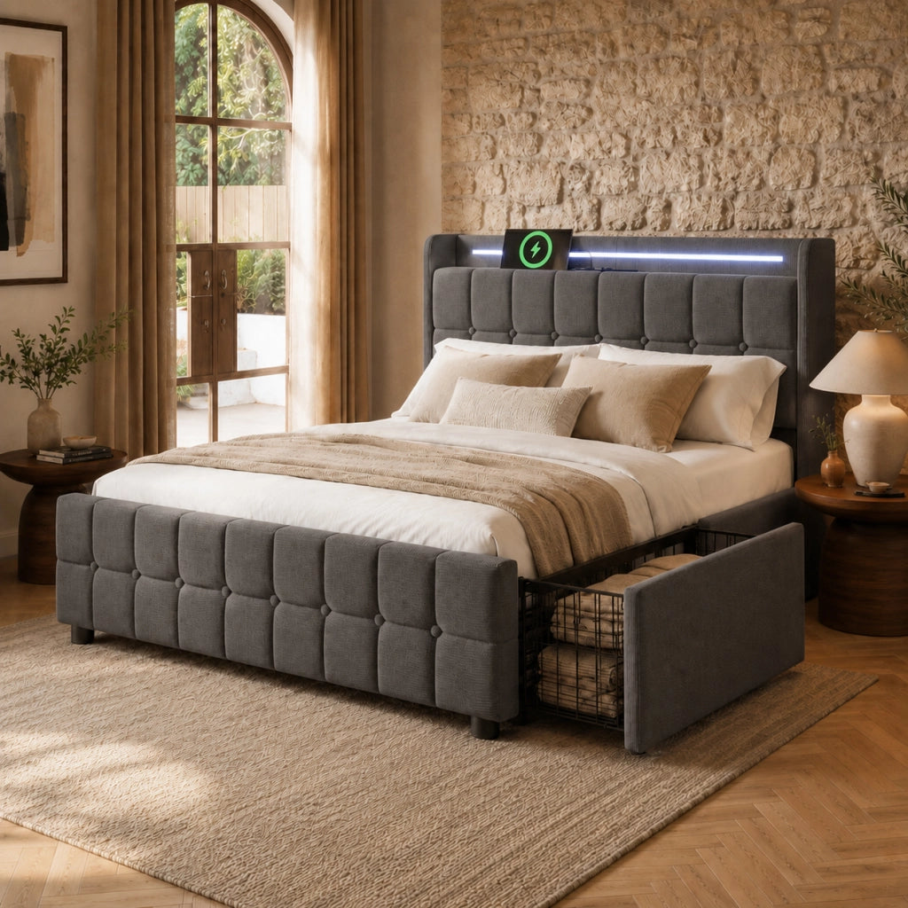 Letto matrimoniale imbottito 160x200 cm con testiera con ricarica USB e LED, 4 cassetti, contenitore, rete a doghe in legno - Grigio (Senza materasso)