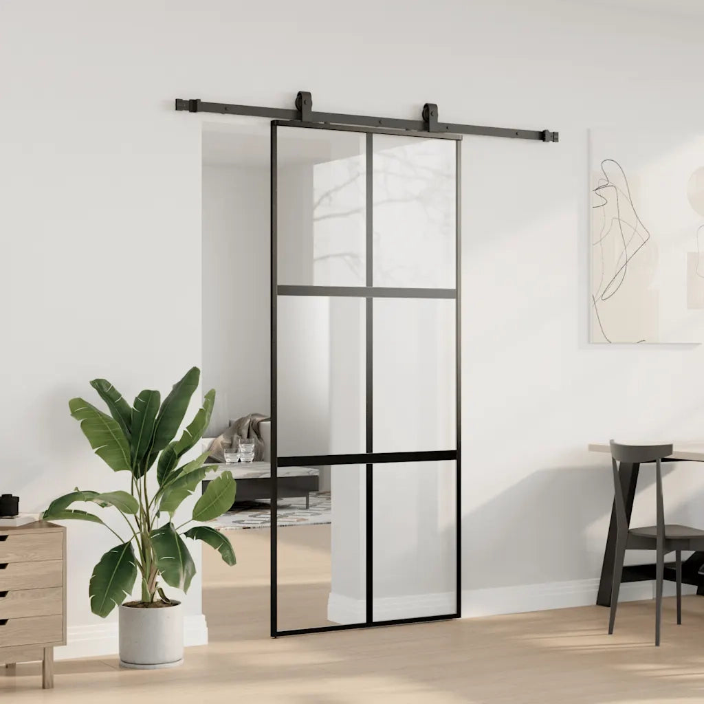 Porta Scorrevole Set Ferramenta Nera 90x205 cm Vetro Temperato 3375824