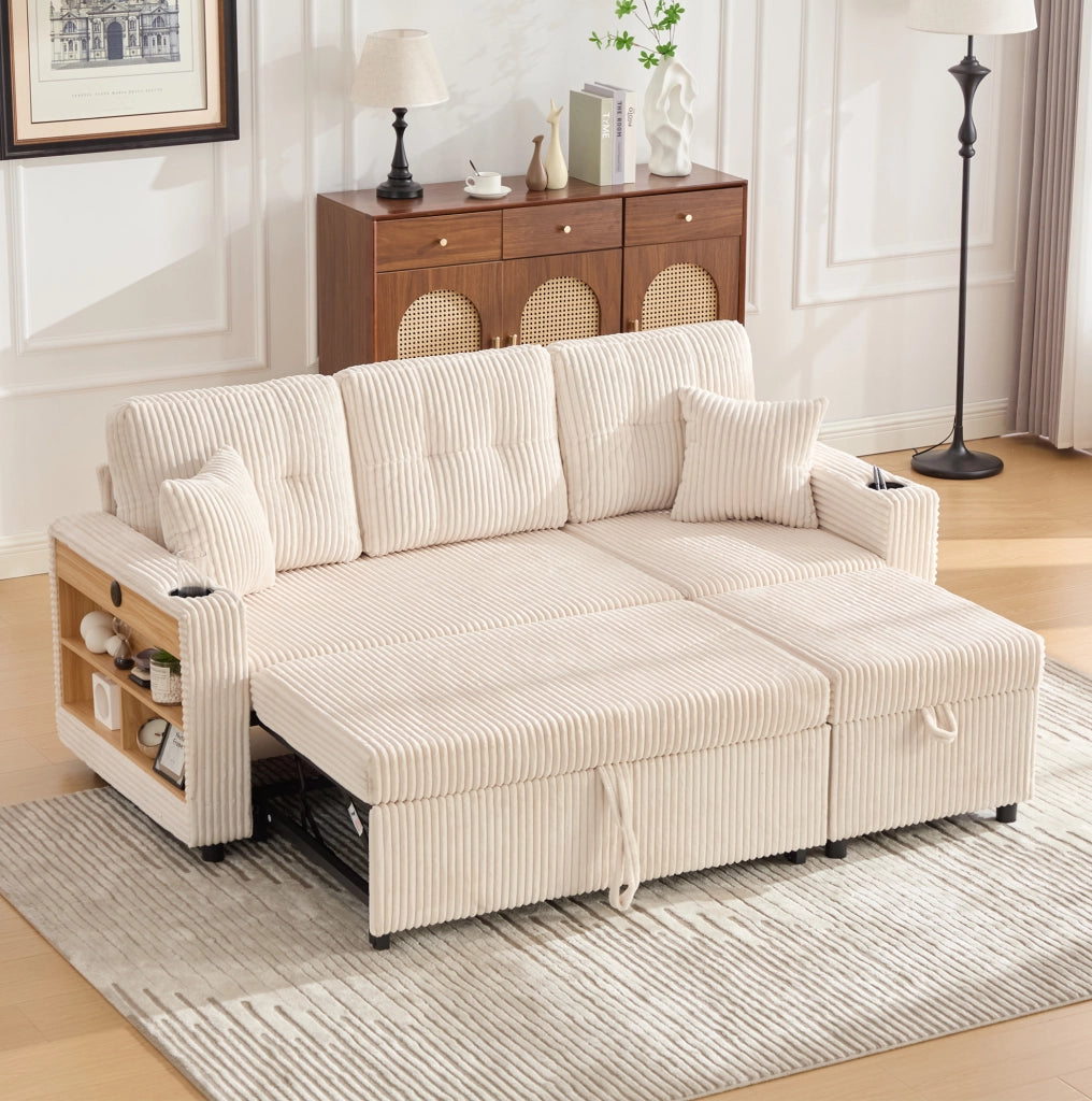Divano letto in tessuto corduroy beige con contenitore; USB-C e luci LED; 196 cm