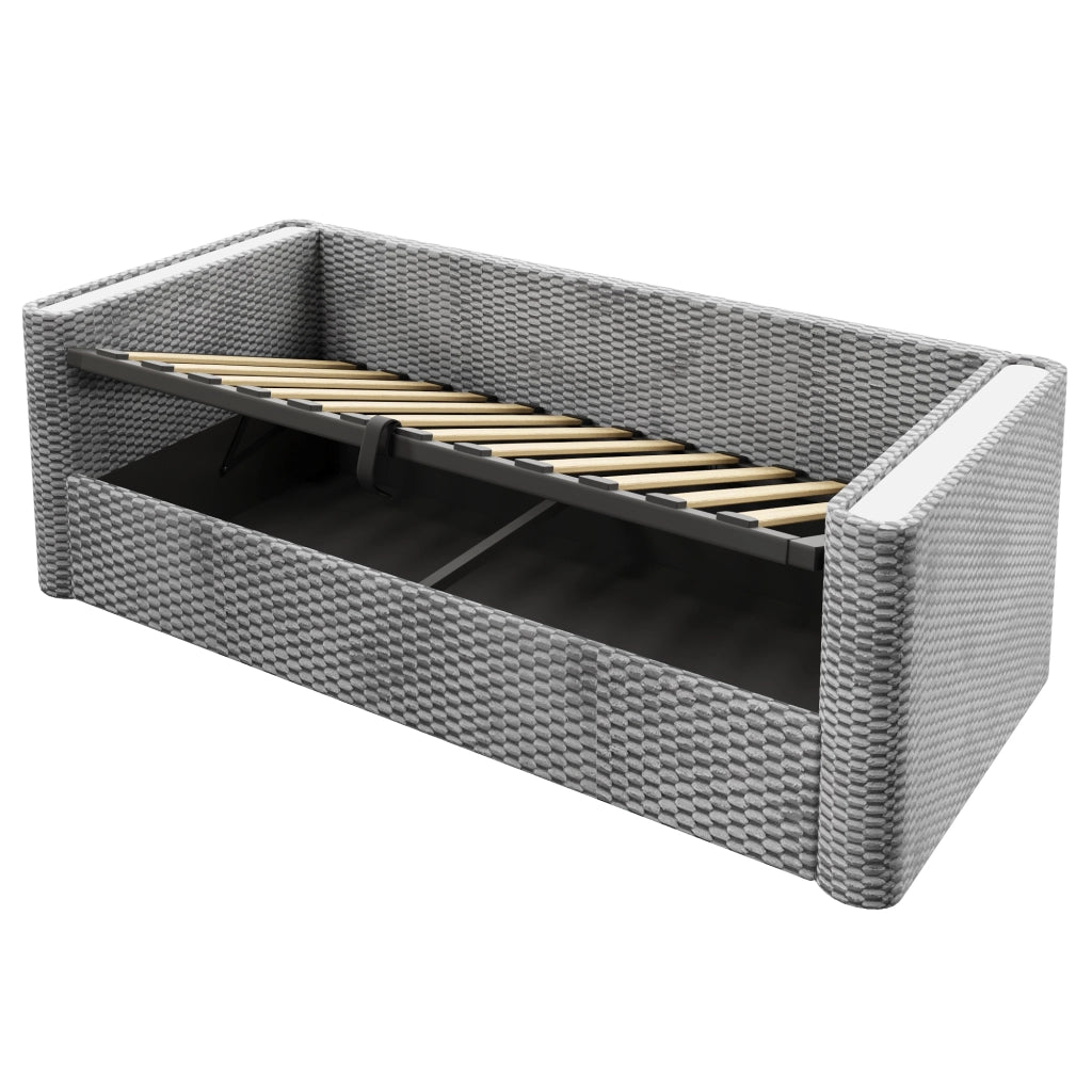 Letto divano 90 × 200 cm singolo con contenitore idraulico; LED multicolore; senza materasso; velluto grigio