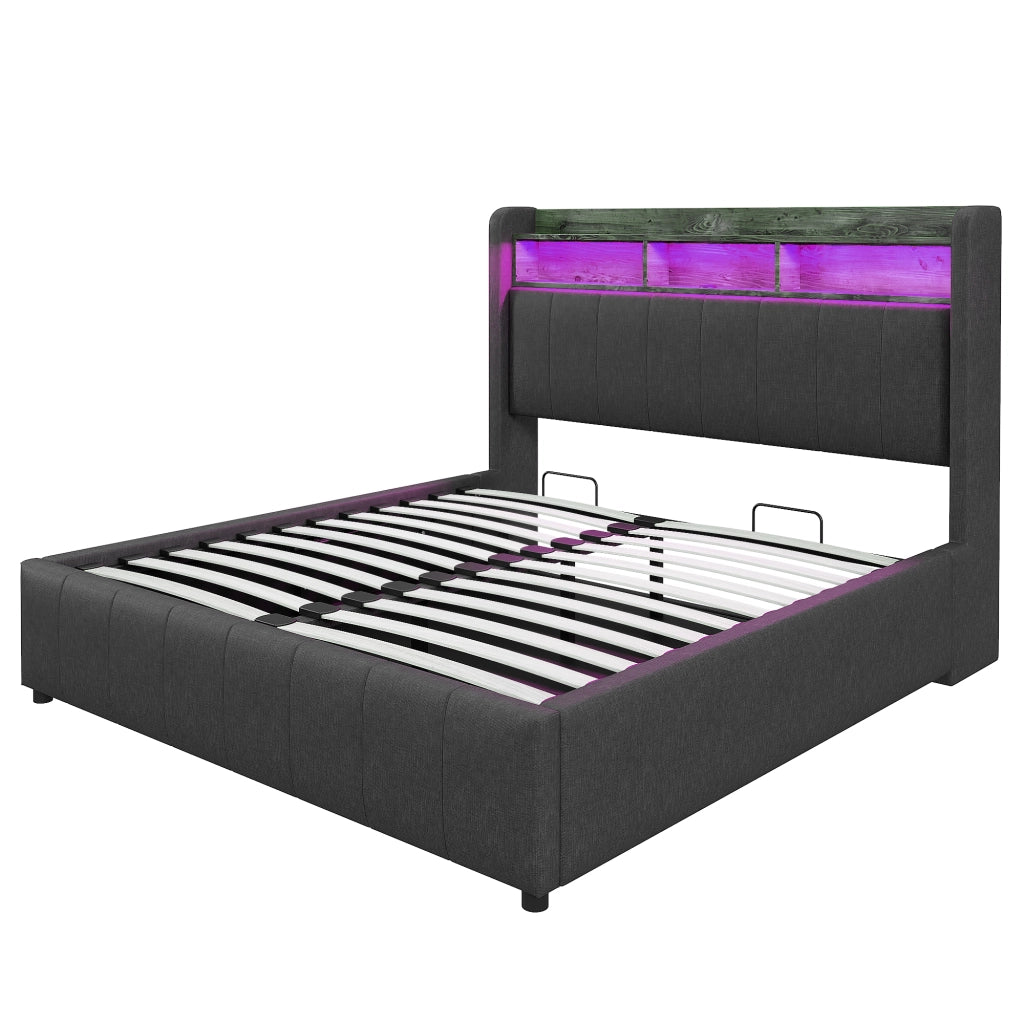 Letto matrimoniale imbottito 160x200 cm con LED variabili; USB e Type-C; vano contenitore idraulico; lino grigio
