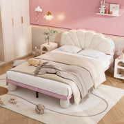 Letto matrimoniale 140 × 200 cm con testiera imbottita e luci multicolore, senza materasso, in velluto beige e rosa