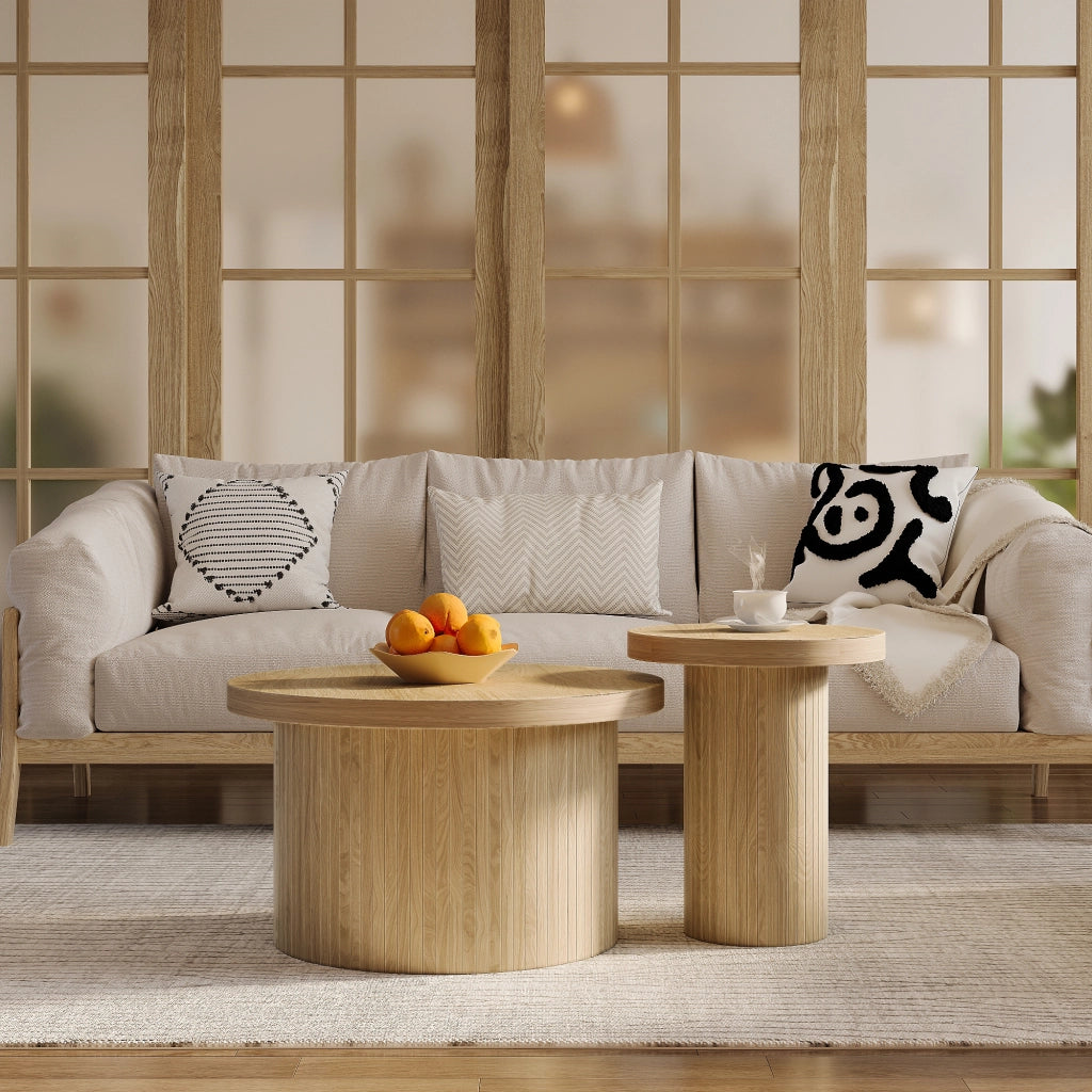 Tavolini da salotto impilabili modulari con struttura a doghe, stile naturale, in MDF, colore legno, per soggiorno