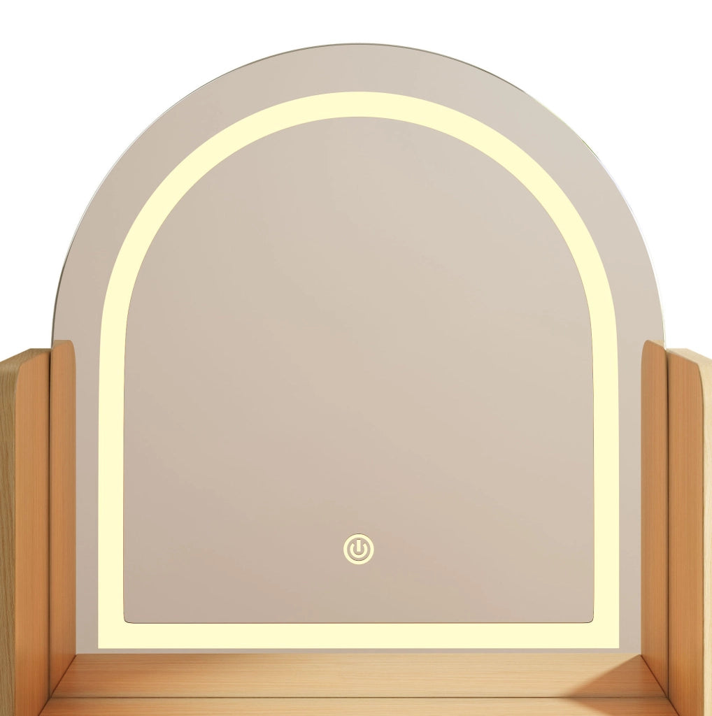 Toeletta ULEVR 120x40x139,5 cm con specchio LED dimmerabile, 3 cassetti e 2 vetrinette, naturale