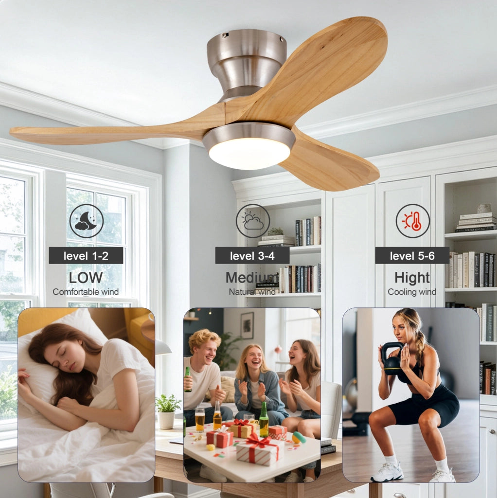 Ventilatore da soffitto incassato 36" con pale in legno massello di noce, motore DC silenzioso reversibile, 6 velocità regolabili