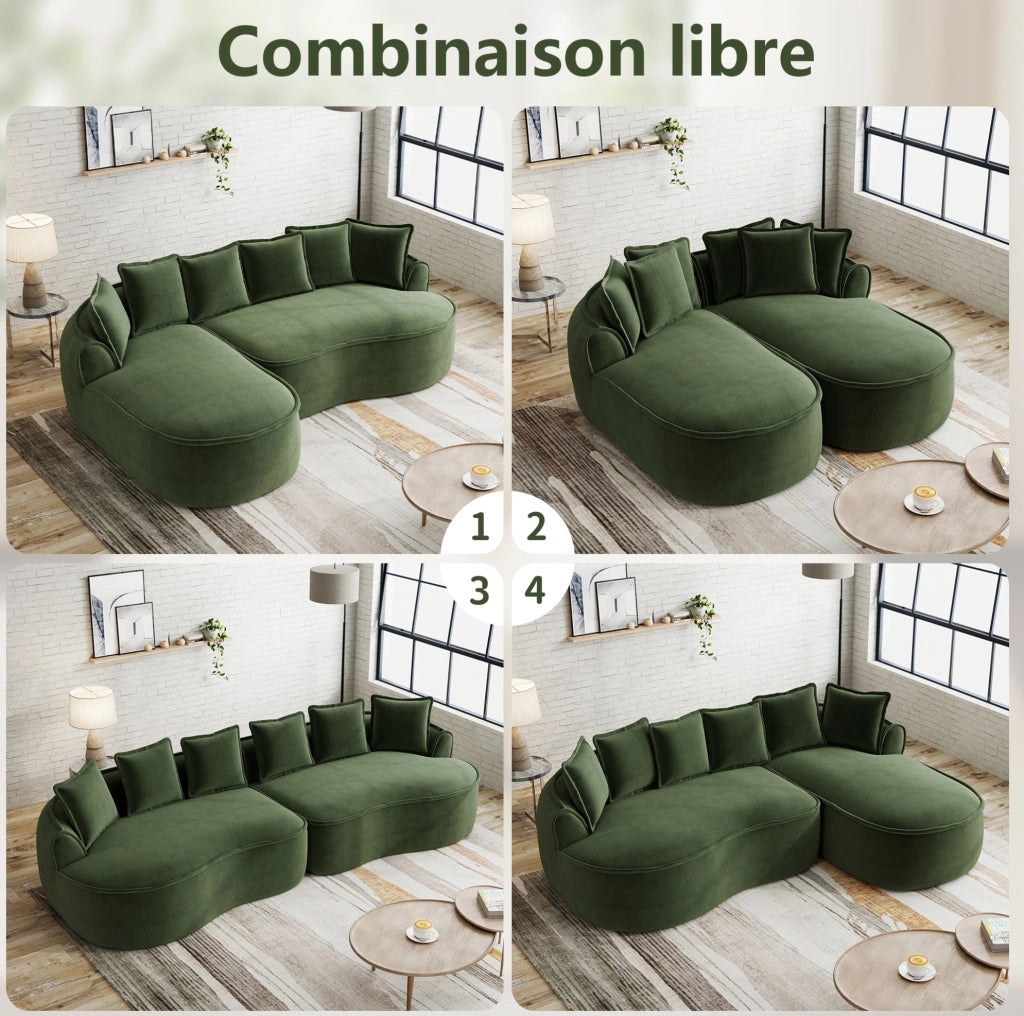 Divano modulare 4 posti ULEVR senza telaio con chaise longue profonda, braccioli larghi e cuscini, verde