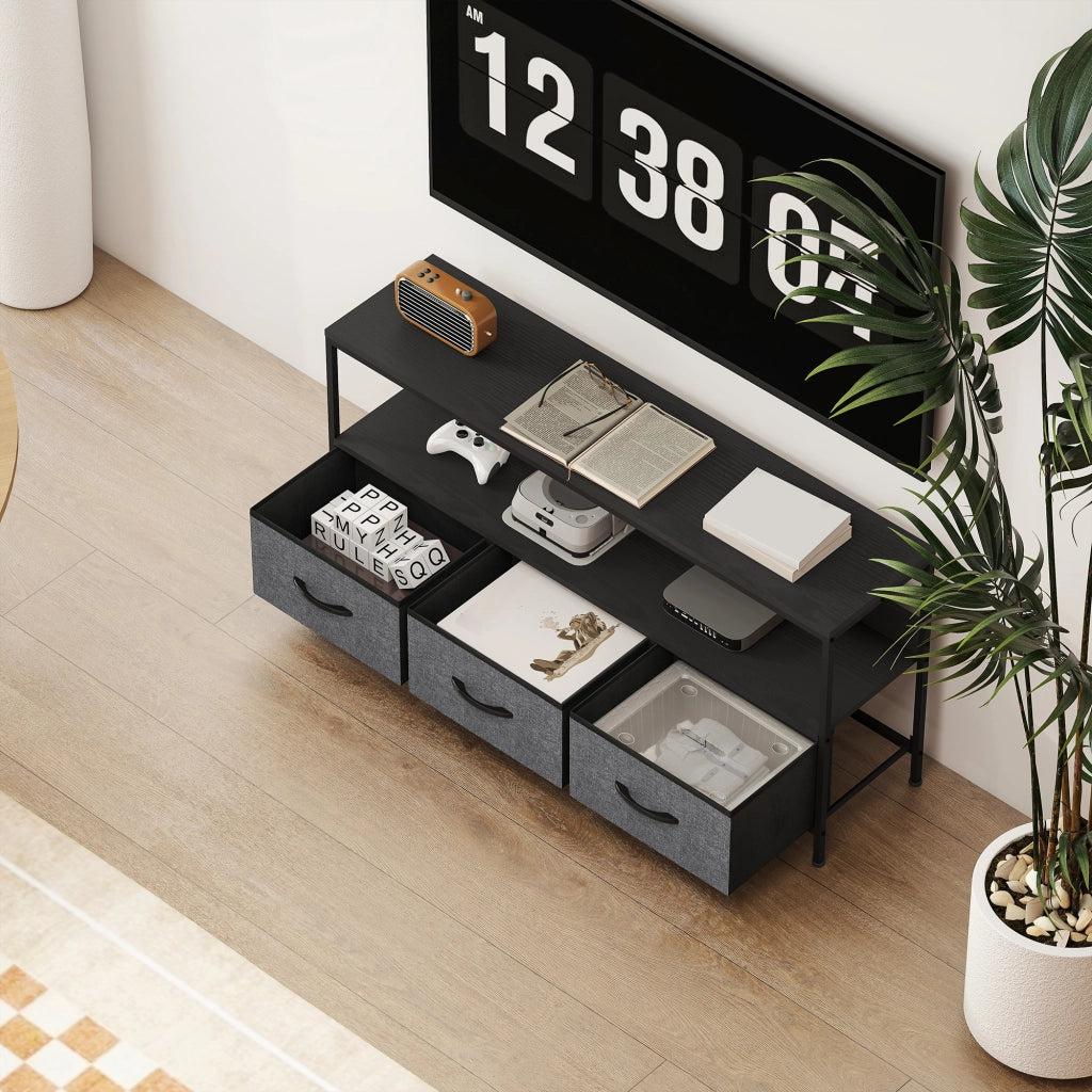 Mobile TV da 55" con Cassetti Pieghevoli in Tessuto e Mensola 120x29x56cm in Metallo e MDF Nero