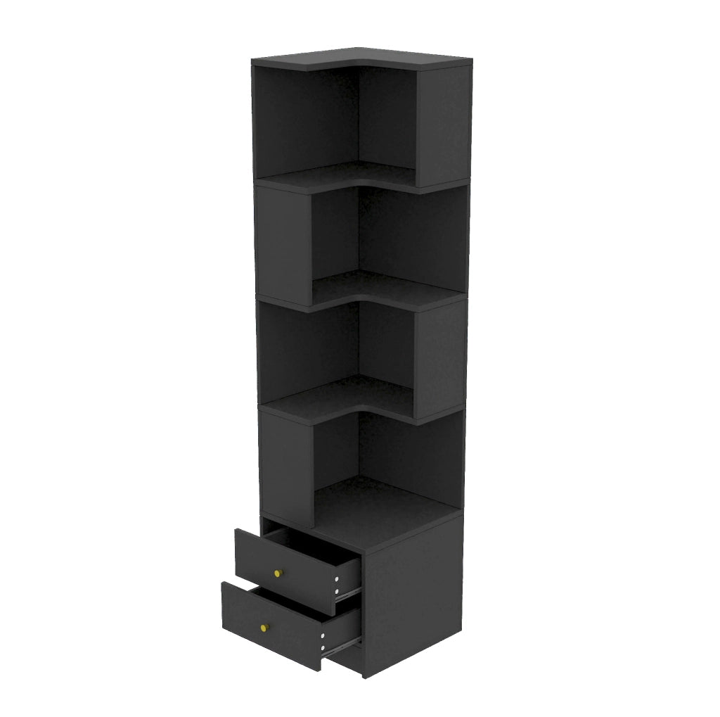 Libreria angolare a L 45x43,5x180 cm con LED controllabile da app e 2 cassetti nera HAVRYA