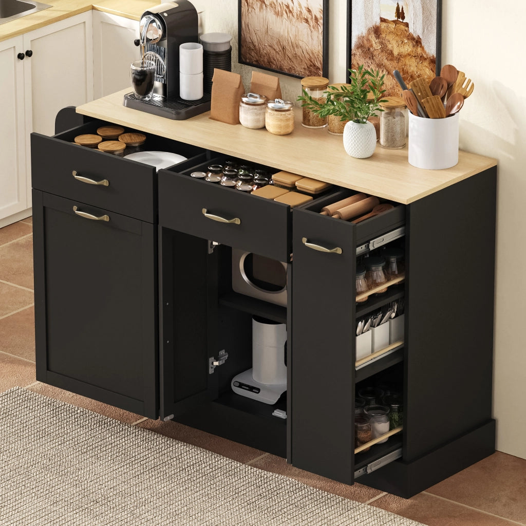 Credenza da cucina con vano pattumiera, ripiani aperti per spezie e vani contenitore, nera in MDF, 133.5 × 40 × 86 cm