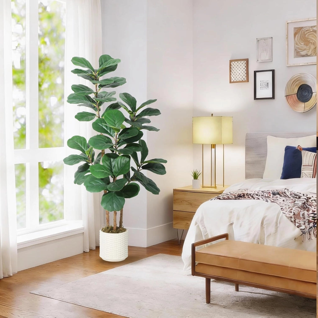 Ficus Lyrata Artificiale 120 cm con Tronco Naturale e Vaso Bianco per Camera e Ufficio