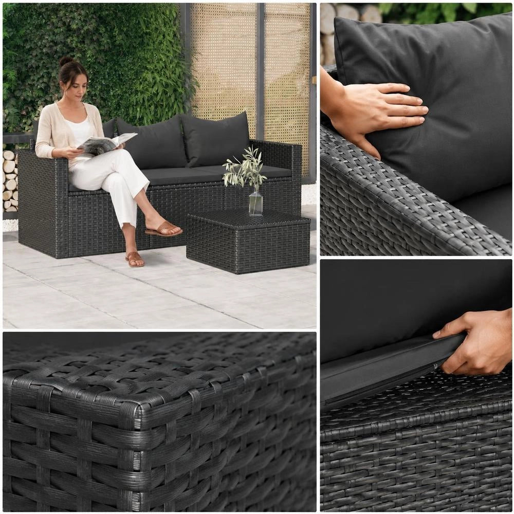 3-seater Garden Sofa With Cushions Black Poly Rattan