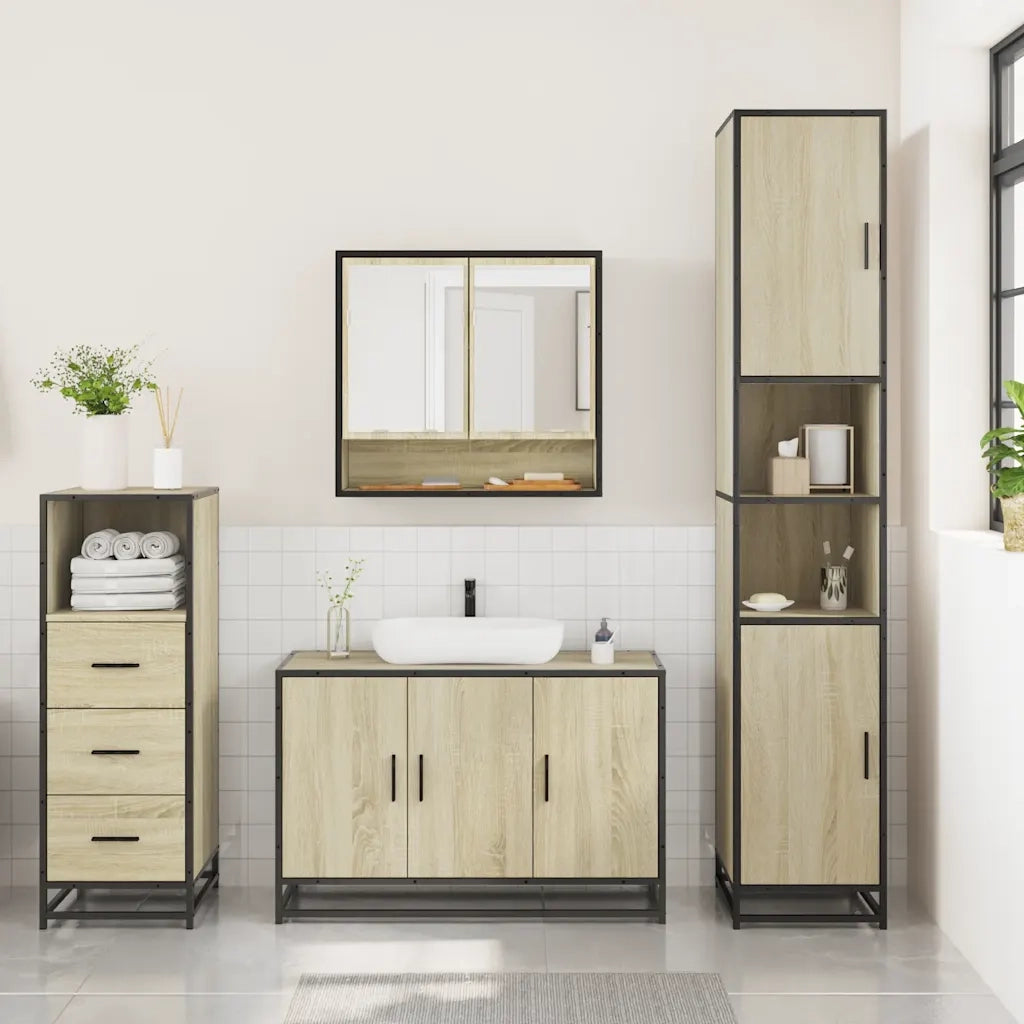 Set Mobili da Bagno | Armadio da bagno 3 pz Rovere Sonoma in Legno Multistrato