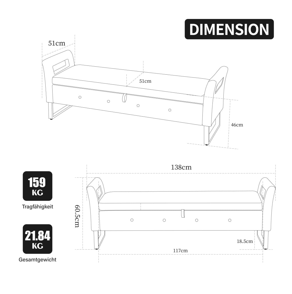 Pouf contenitore imbottito con braccioli in velluto nero e struttura in legno massello