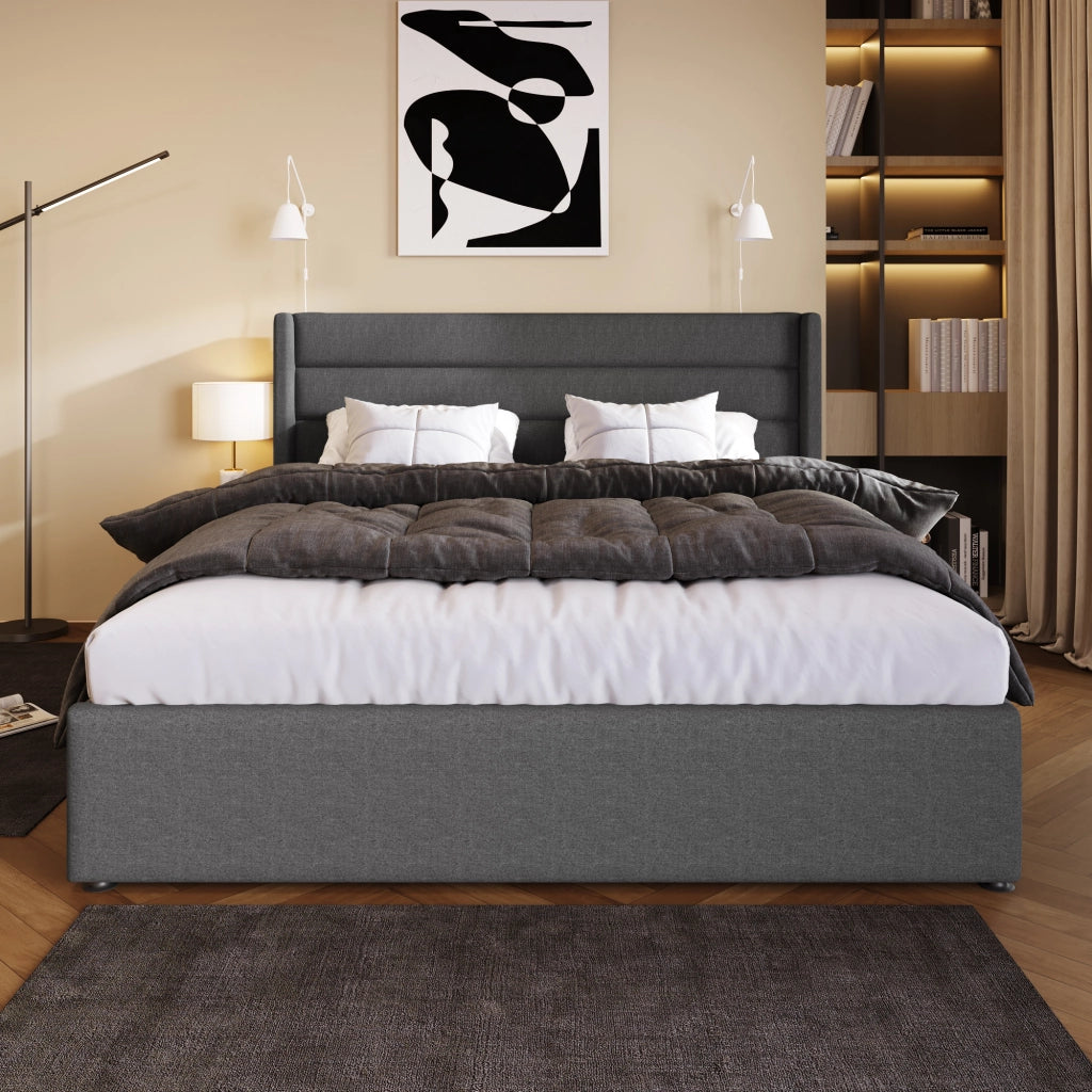 Letto contenitore 180 × 200 cm con sollevamento idraulico testiera imbottita in lino grigio con rete a doghe