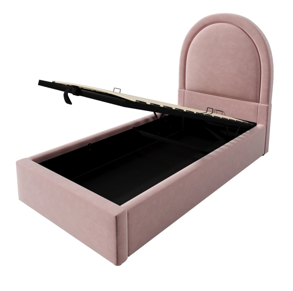 Letto imbottito 90x190 cm con vano contenitore e rivestimento in velluto rosa