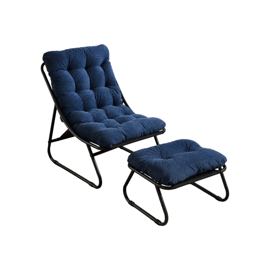 Poltrona da esterno con poggiapiedi in acciaio nero e cuscino blu navy