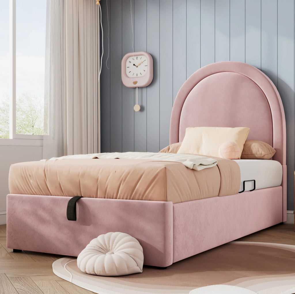 Letto imbottito 90x190 cm con vano contenitore e rivestimento in velluto rosa