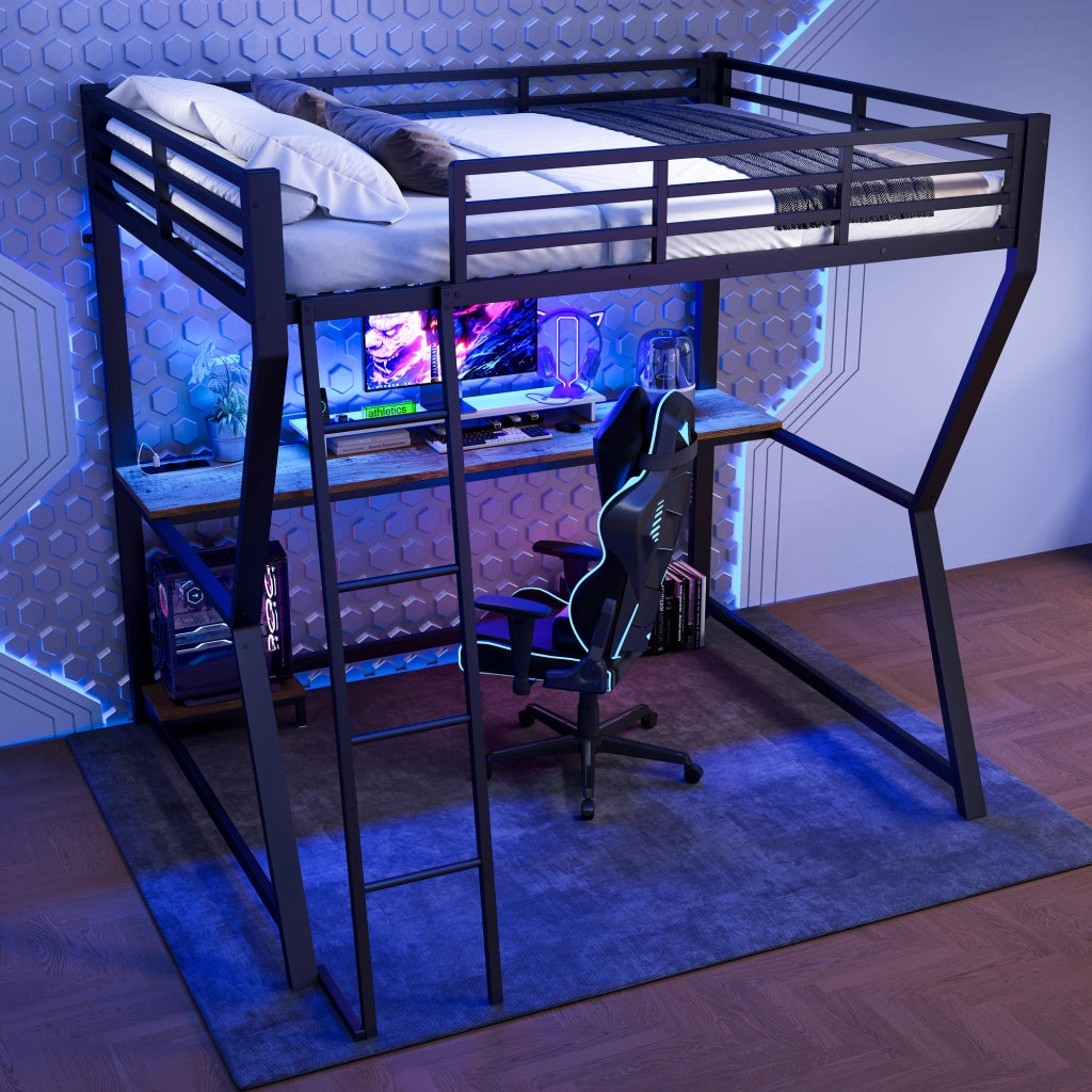 Letto a soppalco 140 x 200 cm in metallo e MDF nero con scrivania; LED; USB e presa