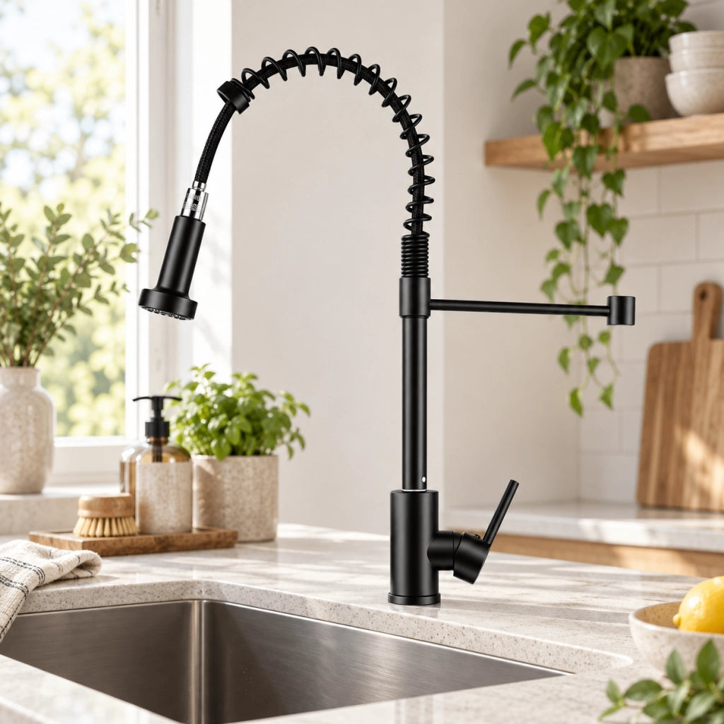 Miscelatore rubinetto cucina nero opaco, molla flessibile, doccetta estraibile 2 modalità getto, rotazione 360°, corpo in ottone, altezza 46 cm
