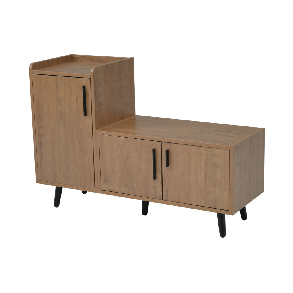 Panca Porta Scarpe Moderna in Legno con Tre Ante e Maniglie Asimmetriche in Metallo, 100x34x69 cm, Colore Naturale