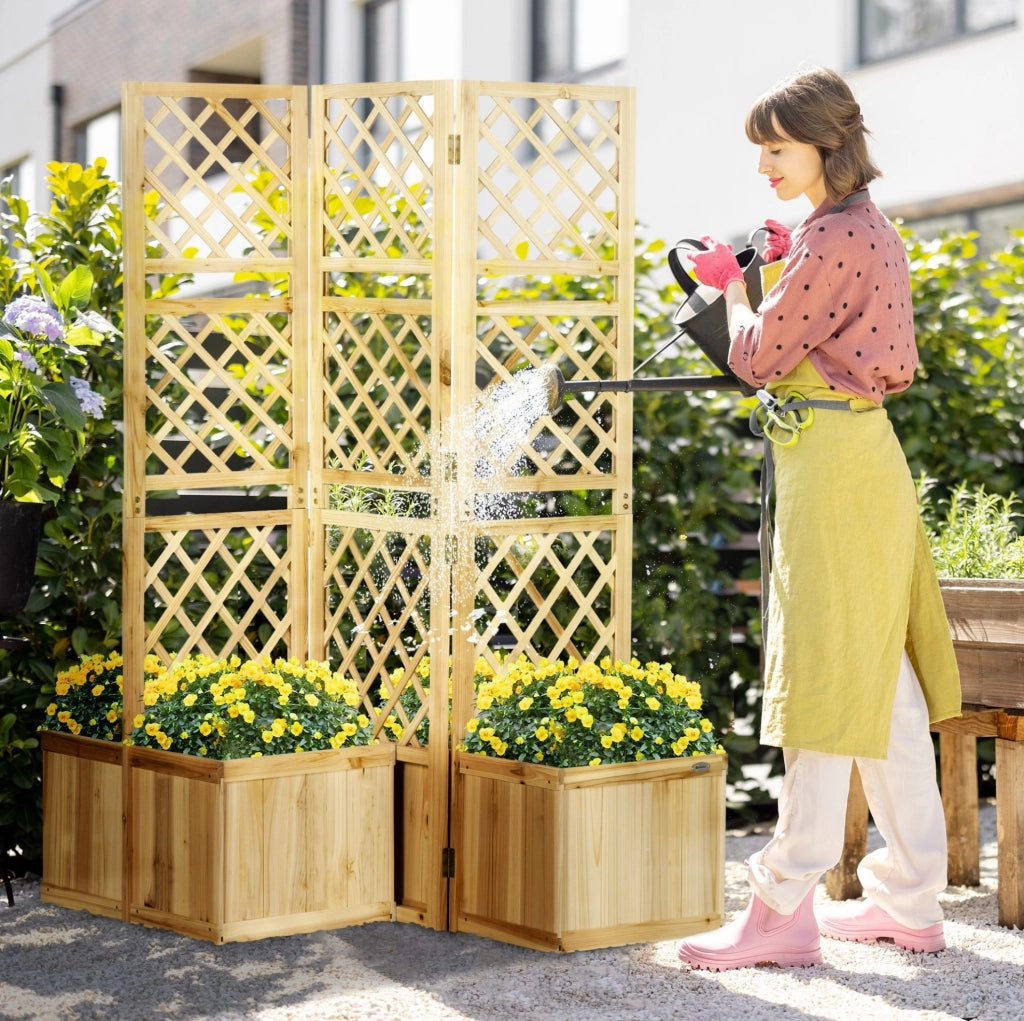 Paravento pieghevole con 4 fioriere in legno naturale, 133 x 165 cm, protezione visiva per giardino e terrazza
