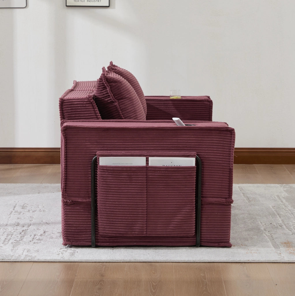 Divano Letto Doppio Moderno in Tessuto con Pouf Contenitore e Due Cuscini, 162x78x66 cm