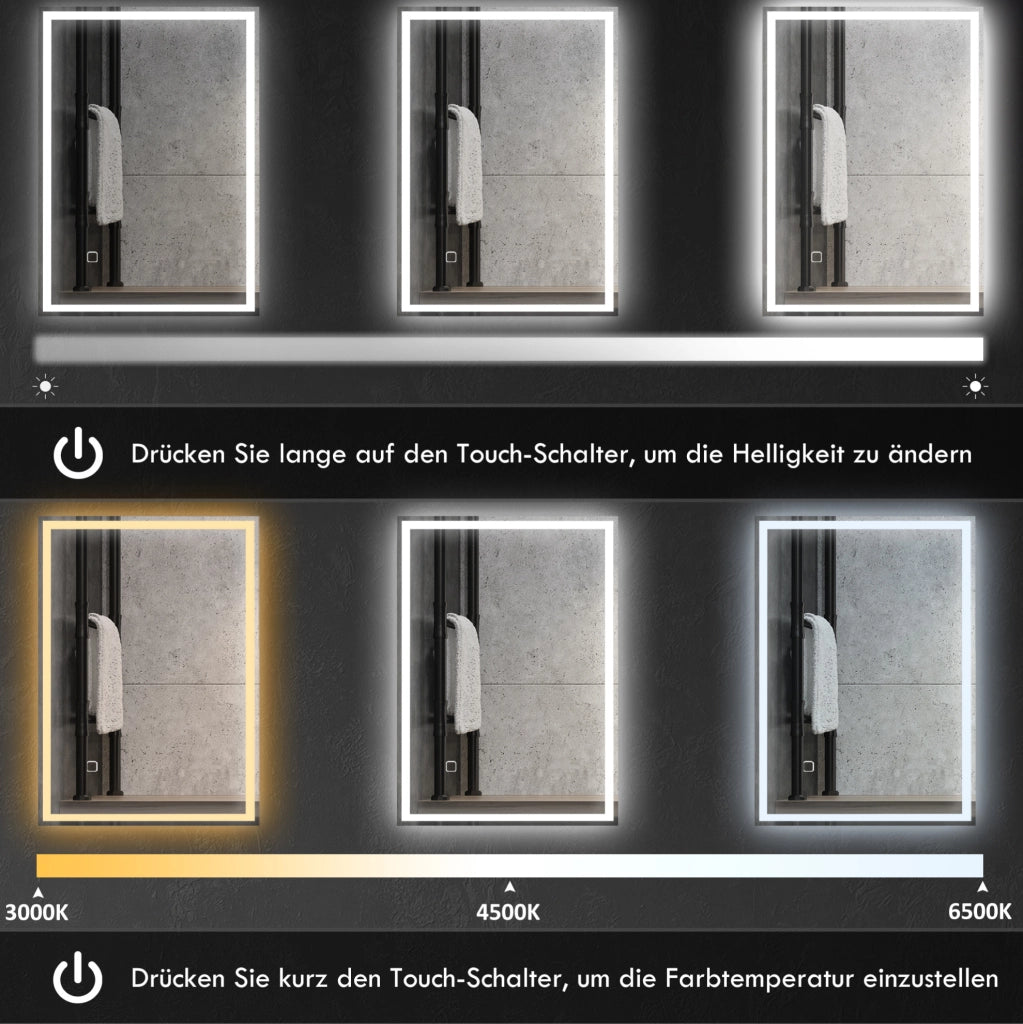 Specchio da bagno LED con interruttore touch, bianco, montaggio verticale o orizzontale