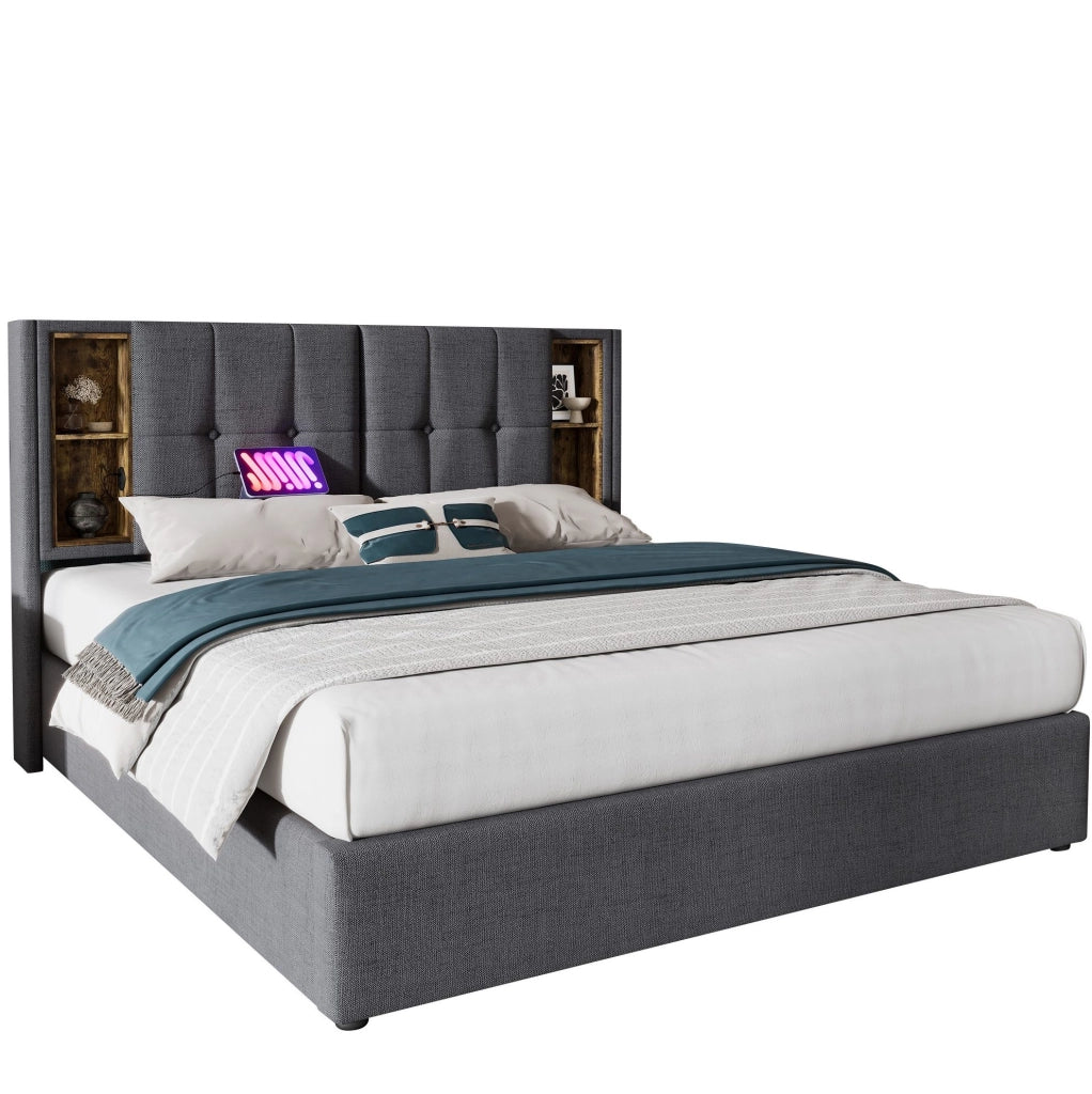 Letto matrimoniale contenitore 180x200 cm in cotone grigio con ricarica wireless e USB HOMVRA