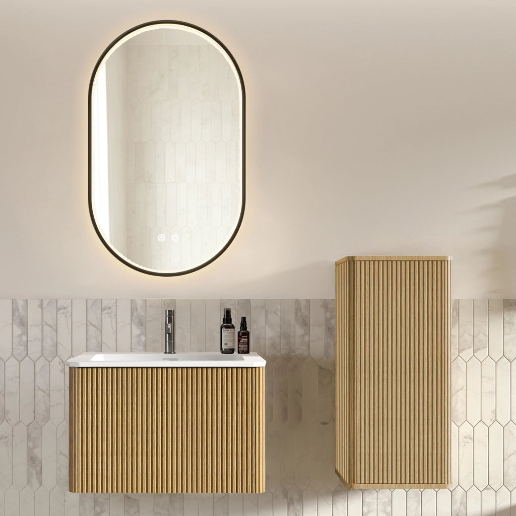 Set mobili bagno con lavabo e specchio LED regolabile in MDF rovere