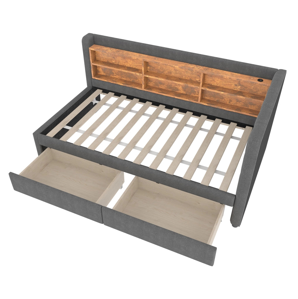 Letto 90x200 cm con 2 cassetti e USB; Type C in lino