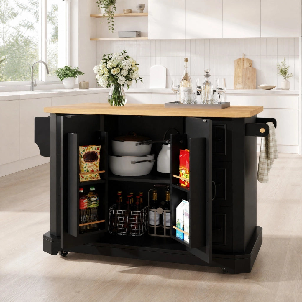 Isola cucina mobile 120x45x91 cm con 2 ante e 6 cassetti nera HOMVRA