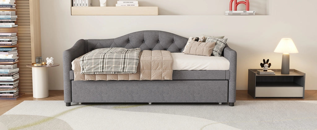 Letto singolo con letto estraibile 90 × 200 cm in lino e mdf grigio con rete a doghe e 12 listelli