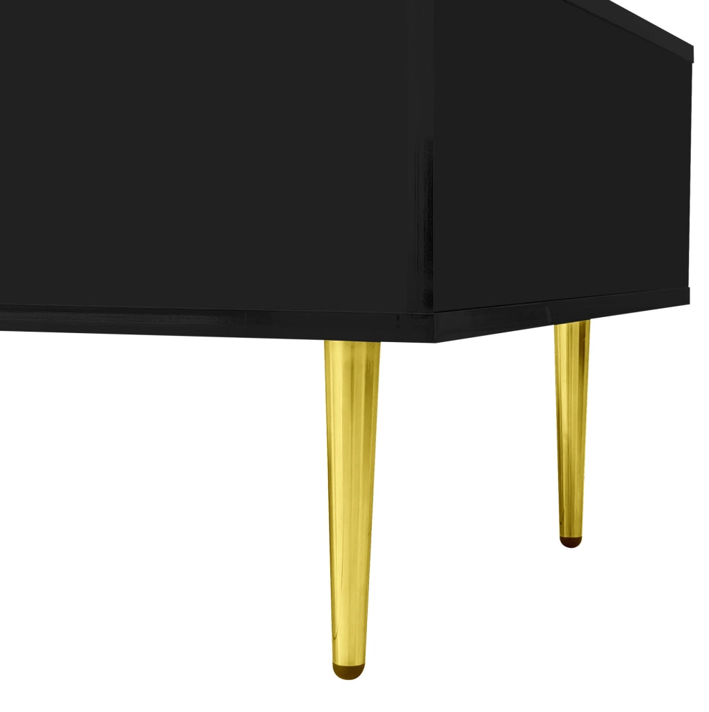 Tavolino da salotto moderno nero lucido con 2 cassetti e dettagli dorati, 100x60x41,5 cm