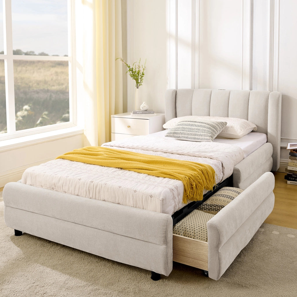 Letto Singolo 90x200 cm; 1 Posto - 2 Cassetti; USB e Type-C - Chenille - Beige
