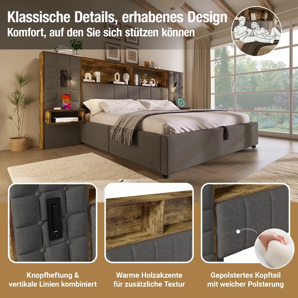 Letto imbottito contenitore ¨C Minimal ¨C grigio tessuto 180x200cm con LED rete a doghe senza materasso
