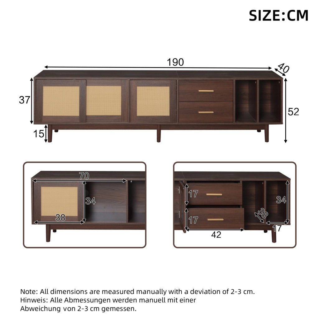 Mobile TV 190x40x52 cm con 3 ante scorrevoli e 2 cassetti in MDF marrone