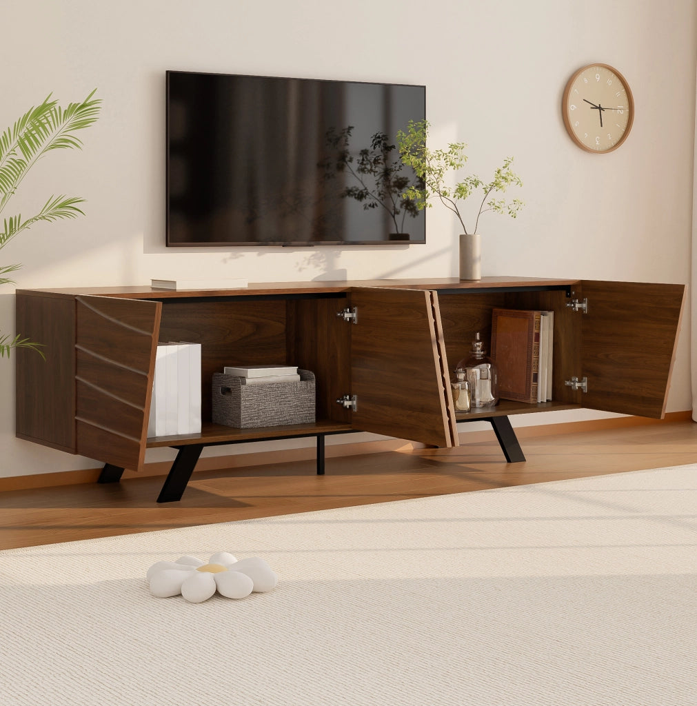 Mobile TV moderno con fronte ondulata e gambe in ferro