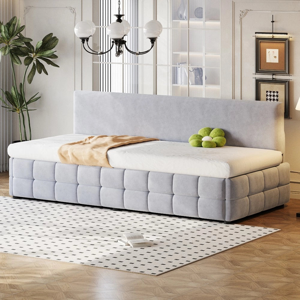 Letto Imbottito Singolo con Contenitore Idraulico ¨C MINIMAL ¨C Velluto Grigio Chiaro 90x200