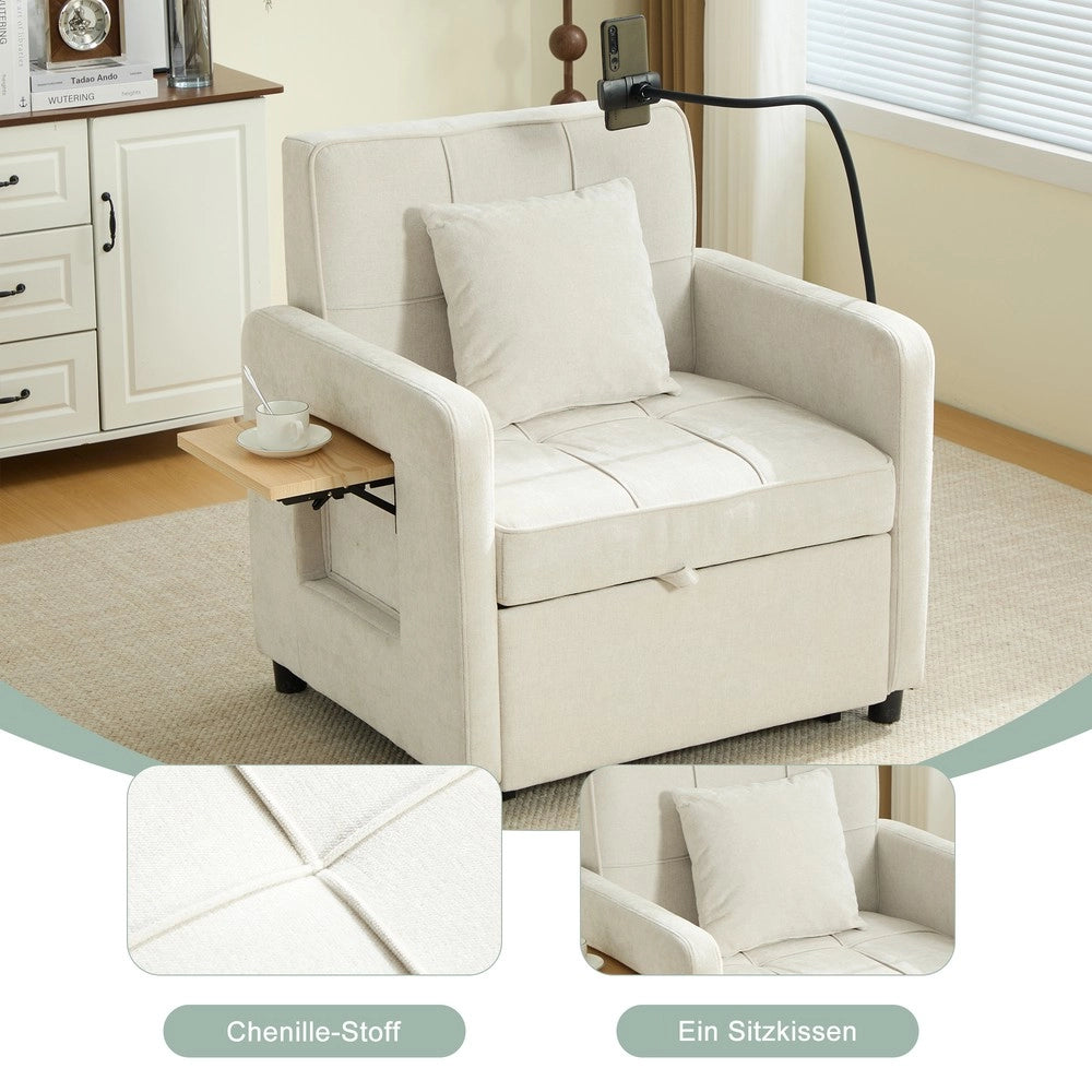 Divano letto singolo ¨C Minimal ¨C tessuto chenille con cuscini e tasche laterali