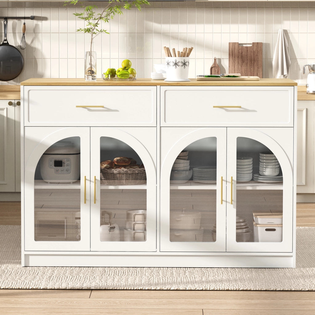 Isola da cucina con LED; ante trasparenti; 2 cassetti e ripiani regolabili bianca in MDF 135 × 55 × 91 cm