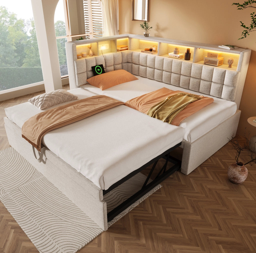 Letto singolo imbottito beige 90x200 con estraibile, LED, Bluetooth e USB-C