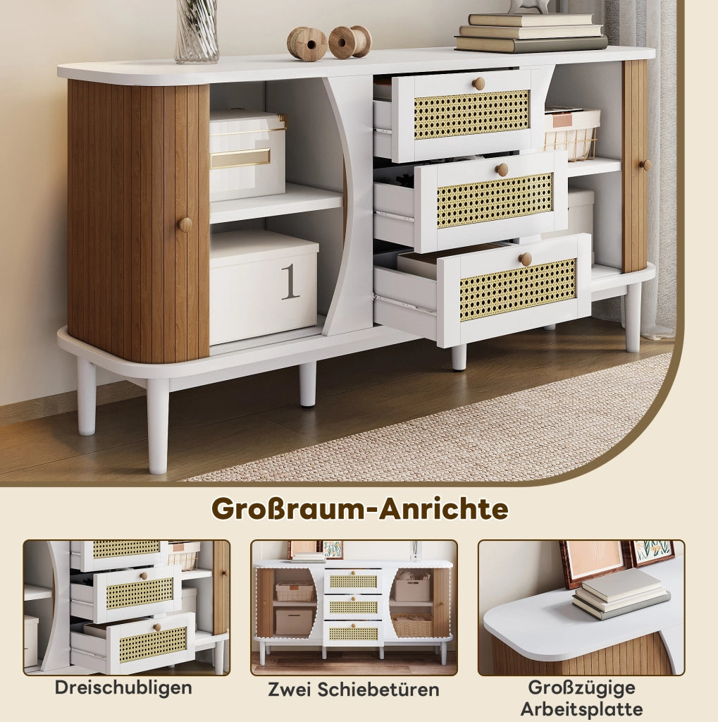 Credenza bianca e color legno con 3 cassetti in rattan