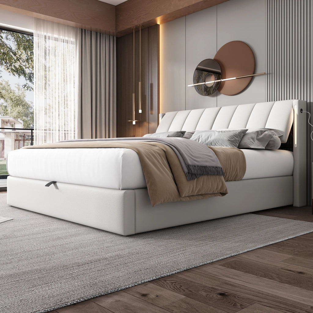Letto contenitore LED 180x200 cm; matrimoniale con contenitore idraulico; USB; testiera regolabile; PU effetto ciottoli; bianco